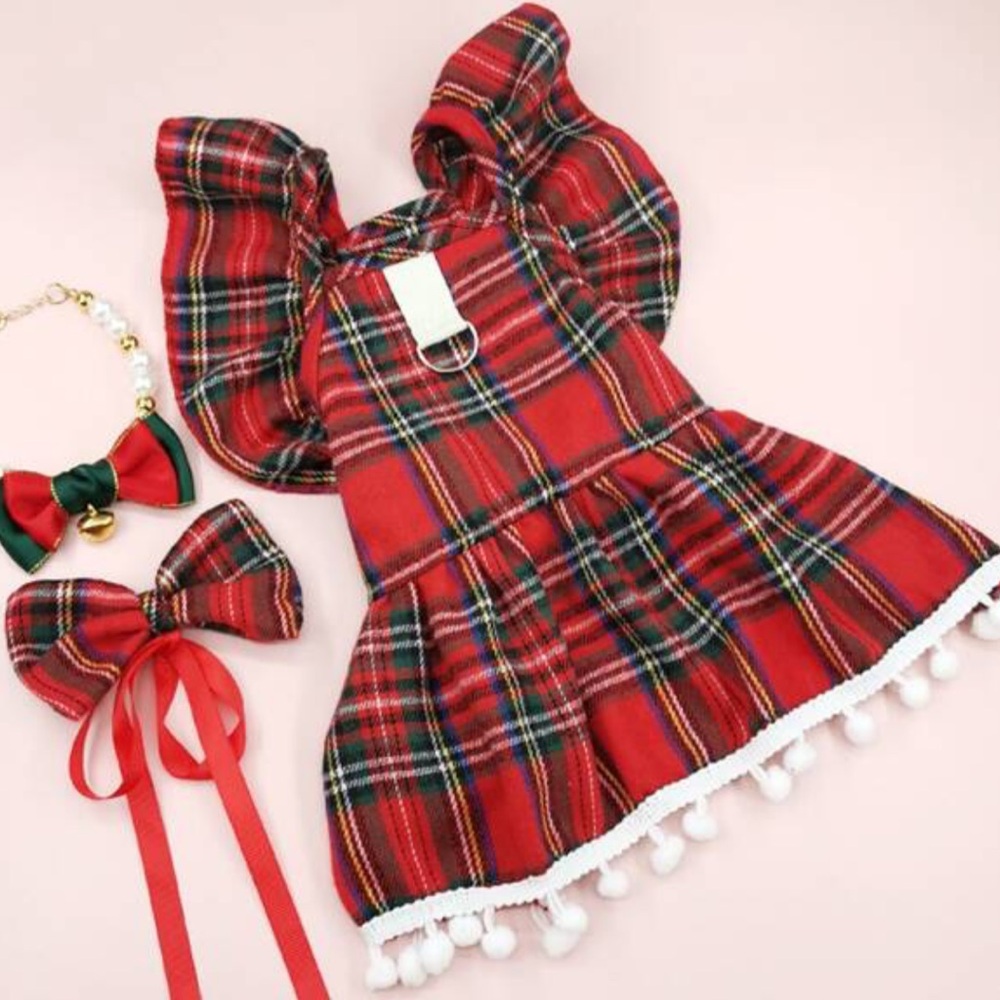 Tartan Plaid Red Teacup Small Dog Dress Ruffle Sleeves XS Christmas Season